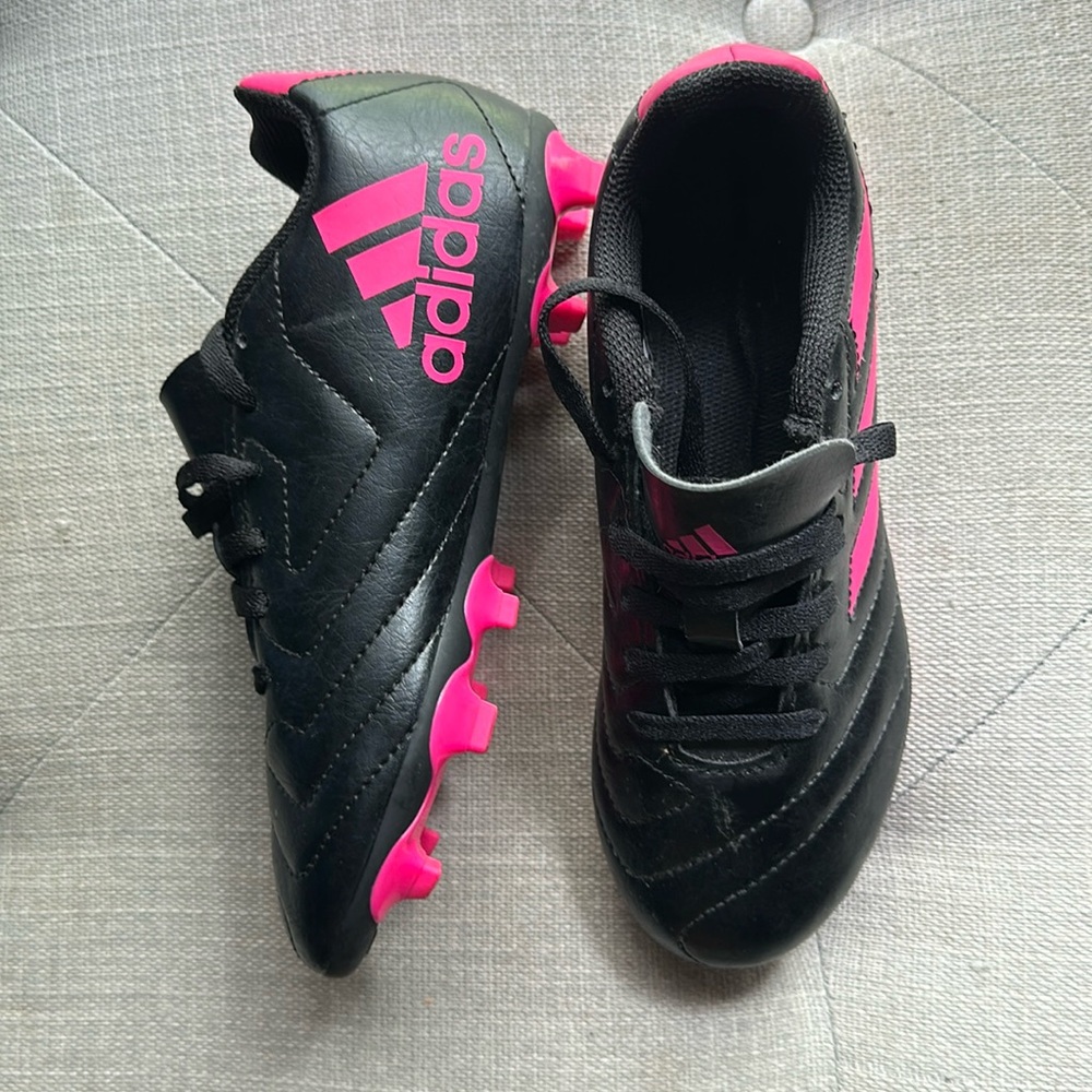 Adidas cleats size 1 1/2  showing very little wear. black/pink